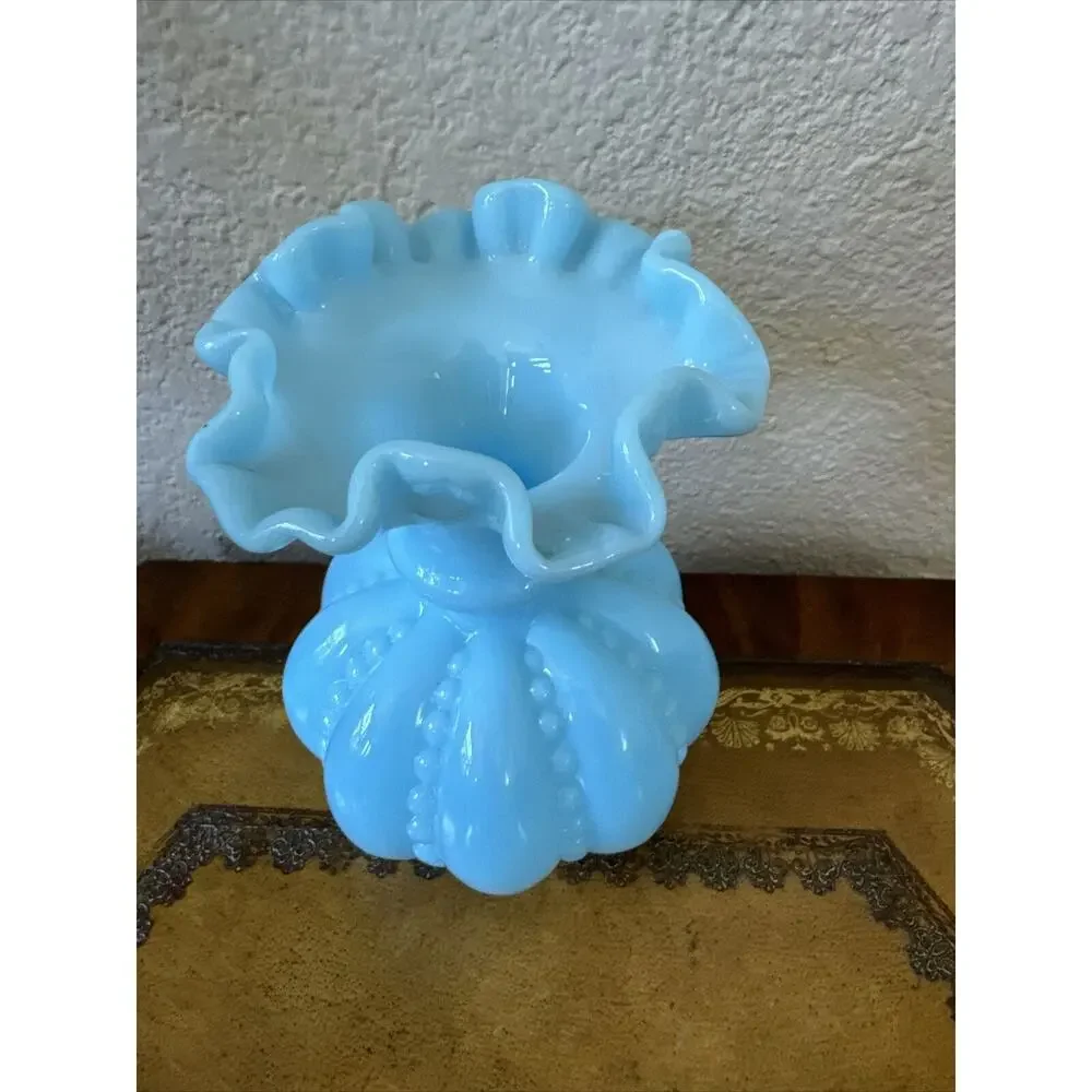 1970s Rare Fenton‎ Blue Milk Glass Beaded Melon Double Crimped Ruffled 6